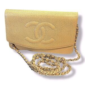 CHANEL AUTH Tan Leather Cavier Shoulder or Crossbody Bag with Gold Chain